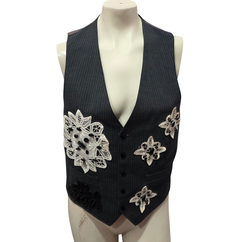 Vintage Black Pinstripe Vest Lace Applique Beaded Button‎ Artwear Waistcoat Goth